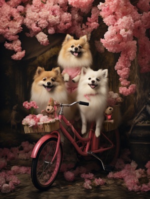 可爱小狗穿汉服骑自行车在花丛中