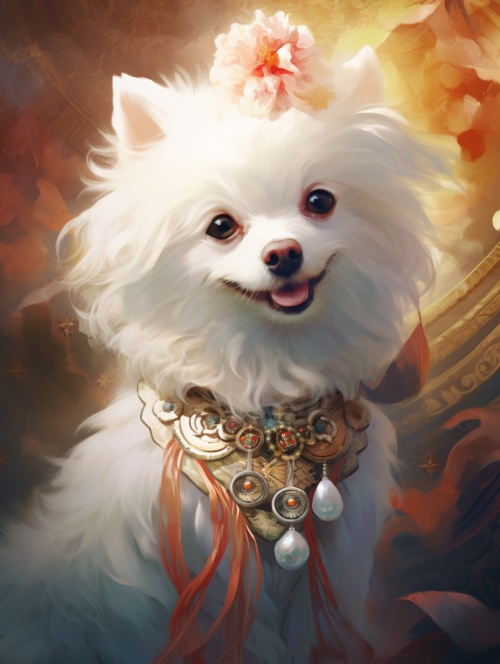 中国风，快乐的一只白色狗狗，眼睛闪光，很漂亮，公主
