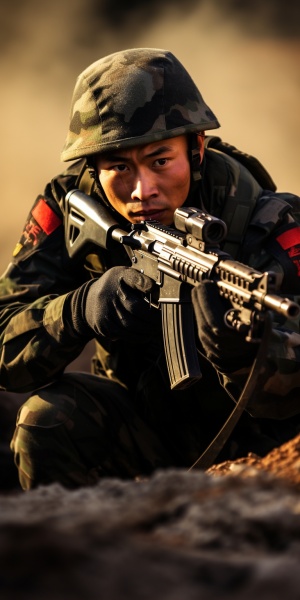 中国军人机枪射手在靶场上迎风扬起红旗