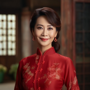 中国中年妇女穿红仓旗袍的超逼真照片