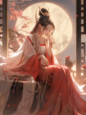 雍容华贵的中国古装美人瞻仰月亮