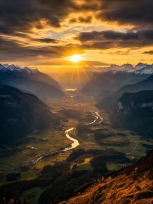 瑞士山顶金色光射线与小镇水渠透亮景观