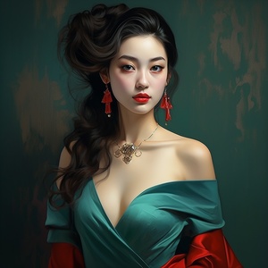 fashion woman of vintage style by oscar, in the style of chinese cultural themes, dreamlike realism, dark teal and light crimson, 32kuhd, cartoon realism, romantic realism ar