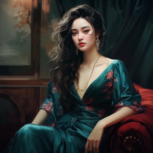 fashion woman of vintage style by oscar, in the style of chinese cultural themes, dreamlike realism, dark teal and light crimson, 32kuhd, cartoon realism, romantic realism ar