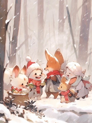 森林里的小动物在雪地里快乐的要刷