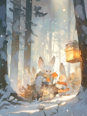 森林里的小动物在雪地里快乐的玩耍