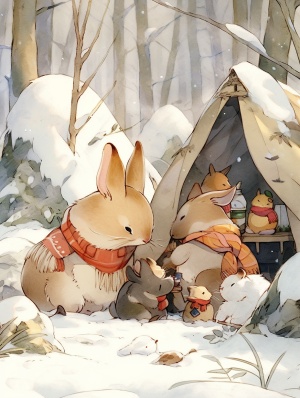 森林里的小动物在雪地里快乐的玩耍
