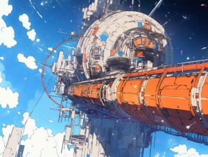 Space station,spacecraft,style of Moebius,comic,clear Line,particle noise,bright,futuristic fantasyatmosphere,whimsical design andcomposition,intricate details,unique lines andbrushstrokes,vibrant colors and contrasts,