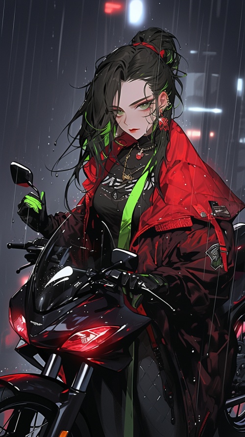 （科技舞台，超高清）舞台上，女人穿着黑色冲锋大衣，依靠着一辆赤红色的摩托，栗色高马尾，一张人神共愤的脸庞，复古欧美风妆容，右脸颊上有一道伤痕，周围绿色迷雾笼罩。