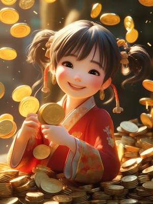 中国风格女孩：硬币、动画电影、俏皮卡通插图