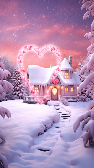 美丽而浪漫的雪景照片，精致美丽的雪花凝聚成月牙形，带着月亮光环，雪花路上有一个带灯的童话般的雪屋，灯光下，许多心形的水晶石在雪地上闪耀，浅粉色的玫瑰，非常清晰美丽，超现实主义，玫瑰金配色，柔和清晰的边缘，灯光效果，超美，超高清，超细节，史诗般的CG渲染，梦幻般的美丽，8K高清 v 5.2