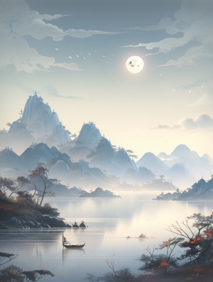 中国山水画中的清澈湖水和远山