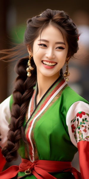 朝鲜族长鼓美女国际脸微笑翩翩起舞绿衣红裙