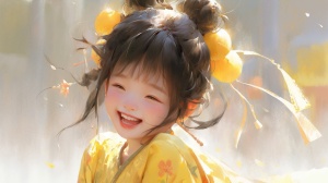 Cute Cartoonish Little Girl Laughing in Yellow Chinese Dress