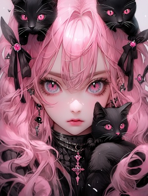 a girl with pink hair, pink cats and pink lips, in the style of gothic references, nightcore, surreal animation, pink and black, multilayered, shiny eyes, art that plays with scale