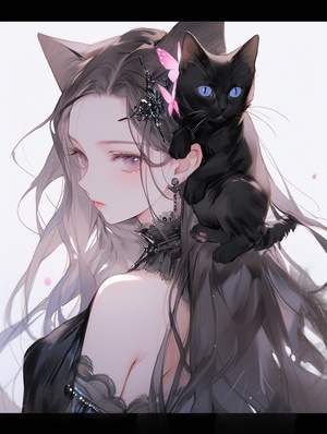 Long haired girl with earrings and black cat, black and pink color scheme, exquisite facial features, clarity, butterfly