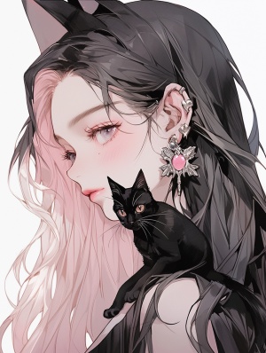 Long haired girl with earrings and black cat, black and pink color scheme, exquisite facial features, clarity, butterfly