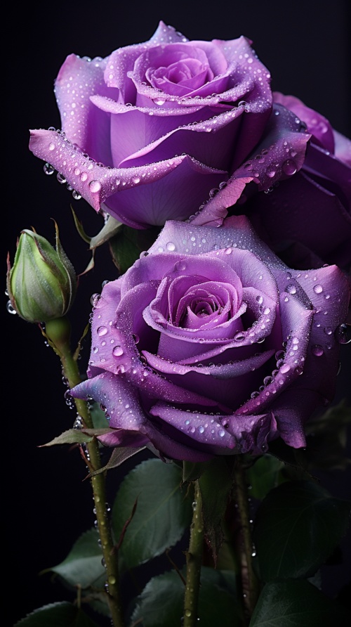 紫色带露珠的玫瑰花，花瓣多重清晰，花蕾含苞欲放，高清拍摄