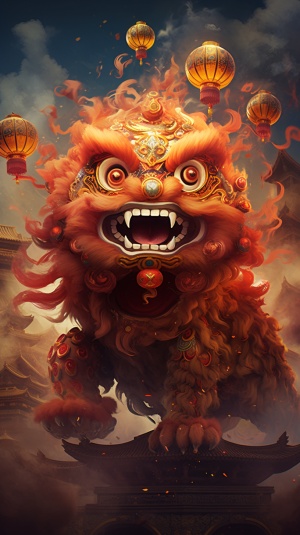 中国舞狮子滚球烟雾街道中国风