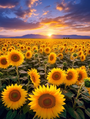 Sunflower Field with Clouds in Romantic Landscape Style