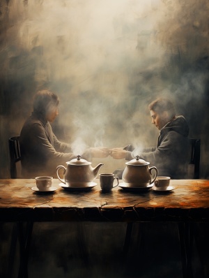 餐桌上一壶泡茶，倒在两个茶杯里，两人对坐。气氛祥和。