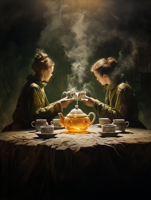 餐桌上一壶泡茶，倒在两个茶杯里，两人对坐。气氛祥和。