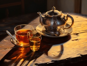 金色阳光，桌上一壶咖啡和两杯红茶都特写镜头