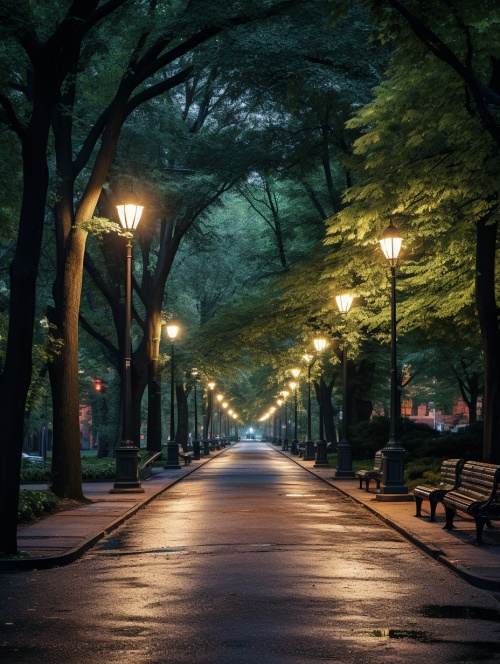 公园里小路，明亮的路灯，绿树成荫