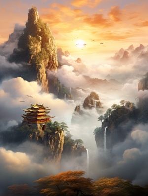 落日余晖金黄，云海云雾缭绕，旁边一坐山上有金碧辉煌的寺院，有两颗迎客松在山腰。