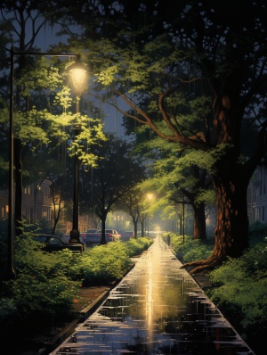 夜晚公园小路，明亮路灯，绿树成荫