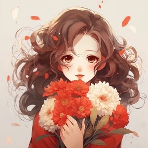 红色头发的动漫女孩手捧鲜花的迷人小品