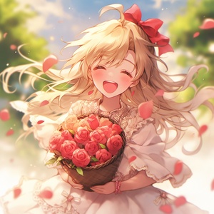 1girl, basket, blonde_hair, bouquet, bow, dress, earrings, flower, hair_bow, holding_bouquet, huge_bow, jewelry, long_hair, petals, pink_flower, pink_rose, puffy_short_sleeves, puffy_sleeves, red_flower, red_rose, rose, rose_petals, short_sleeves, solo, tulip