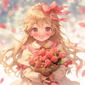 1girl, basket, blonde_hair, bouquet, bow, dress, earrings, flower, hair_bow, holding_bouquet, huge_bow, jewelry, long_hair, petals, pink_flower, pink_rose, puffy_short_sleeves, puffy_sleeves, red_flower, red_rose, rose, rose_petals, short_sleeves, solo, tulip