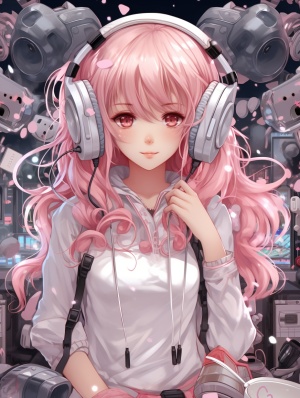 anime girl on headphones with many accessories, in the style of dark white and light pink, cartoon-like characters, gongbi, dollcore, shinyglossy, naïve drawing, multiple styles