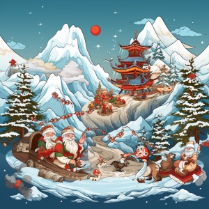 红色竹篮中的雪山、圣诞树和跑来的圣诞老人