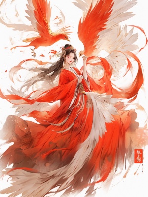 Phoenix,sunny,painting style refers to Qiu Ying andSong Huizong Zhao Ji,in ancient Sui and TangDynasties ,a beautiful and soft Chinese girl,hands down,dancing,full body,wearing beautiful and detailed Loose Hanfu, red shoes,beautiful and flowing Ruqun,she has beautiful phoenix eyes, crested ibis surround the girl ,white and cream tone,flowing sleeves,fluttering silk,Chinese traditional ink painting style,high detailed face niji 5s 200