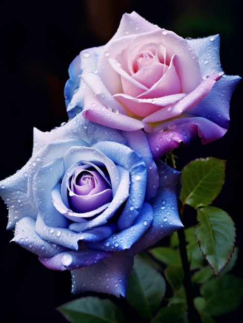 有一朵双生玫瑰花，蓝紫色的花瓣，花芯是白色的，一层蓝一层白一层紫的花，有的开放了，有的含苞待放，绿色的叶子，露珠落在花朵和叶子上亮晶晶的，阳光洒下来，高清画面