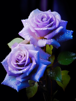 蓝紫色双生玫瑰花与绿叶下的亮晶晶露珠