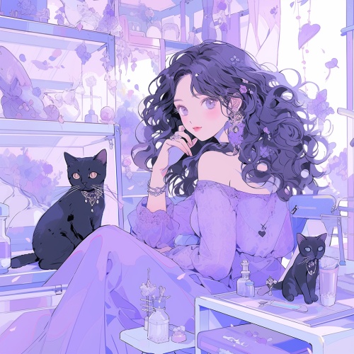 紫色美女，紫色衣服，紫色桌子，黑色小猫
