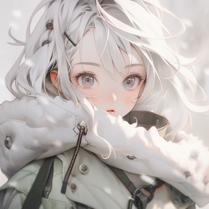 一个白发的女孩在雪地里展示，以浅白色和浅灰色的风格，艺术学术界，闪亮有光泽，booru，浅绿色和深灰色，浅白色和浅橙色，融化