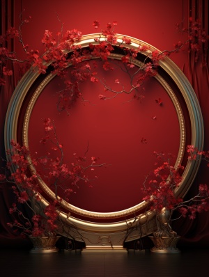 red arch stage with gold frame, in the style of chinese painting, flat backgrounds, daz3d, innovative page design, 32k uhd, digitallyenhanced, lively tableaus , Simplicity，depth of field