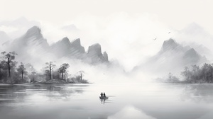 水墨画湖景