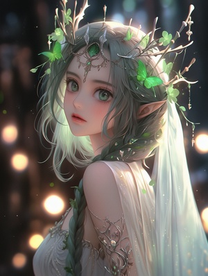 Antler fairy Princess, Lovely beauty, emerald green fluorescent tulle dress, jungle, looking back, clear eyes, vine-woven headdress, dreamy, night, CG illustration, realistic rendering style，Fairy Kei fashion，景深，32K uhd，highly details niji 5 ar 9:18 q 5