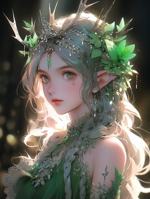 Antler fairy Princess, Lovely beauty, emerald green fluorescent tulle dress, jungle, looking back, clear eyes, vine-woven headdress, dreamy, night, CG illustration, realistic rendering style，Fairy Kei fashion，景深，32K uhd，highly details niji 5 ar 9:18 q 5