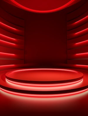 3d rendering of a red lighting background showing stage, in the style of rounded shapes, rim light, opaque resin panels, unique framing and composition, striped compositions, panasonic lumix s pro 50mm f1.4, subtle tonal variations ar 3:4v 5.2