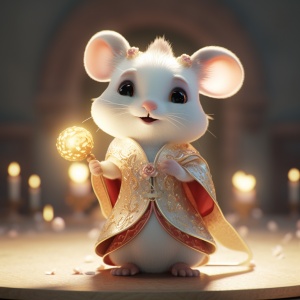 A little white rat in a soft Chinese Tang Dynasty Chinese costume, super cute, cinematic lighting, intricate filigree design, Pixar style, anthropomorphic, holding a pink lantern, big eyes, smile, peach blossom, flow, charming, immortal, fluffy, shiny bristles, ptals, fairy tale, unreal engine 5 and octane rendering, incredibly detailed, 4K, trending in art station, gorgeous, Super wide angle, 4K ar 10:16 test video upbeta