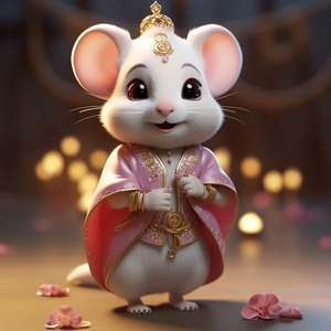 A little white rat in a soft Chinese Tang Dynasty Chinese costume, super cute, cinematic lighting, intricate filigree design, Pixar style, anthropomorphic, holding a pink lantern, big eyes, smile, peach blossom, flow, charming, immortal, fluffy, shiny bristles, ptals, fairy tale, unreal engine 5 and octane rendering, incredibly detailed, 4K, trending in art station, gorgeous, Super wide angle, 4K ar 10:16 test video upbeta