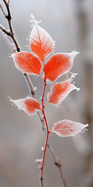 一片雪中红叶 ，一层薄薄清雪，办透明的