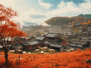 江南村庄，云雾缭绕，正是深秋季节，柿子树挂满了红彤彤的柿子，牛羊在山坡悠闲的吃草。