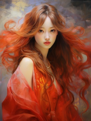 加拿大良子油画质感半成品透明丝丸山纯奈水彩中国龙 v 5.1 ar 3:4 带有一个红色头发中式连衣裙的长发少女